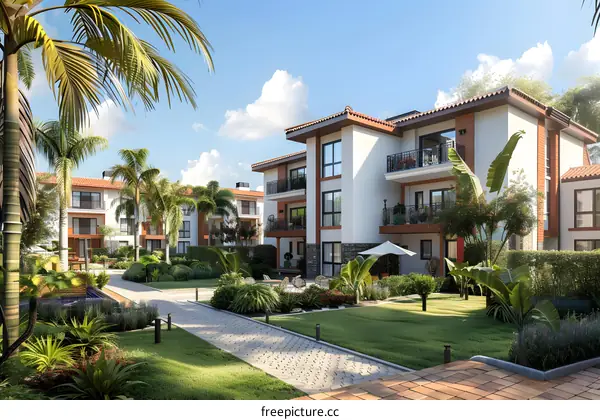 Modern Tropical Villa Homes with Palm Trees and Lush Green Gardens