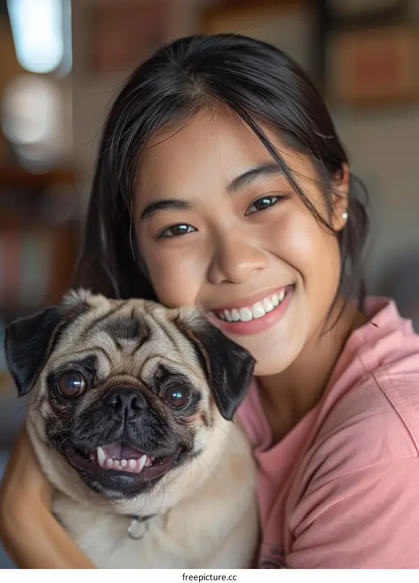 A young woman is smiling and hugging a pug dog.
