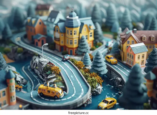 Colorful Miniature Toy Town with Model Cars