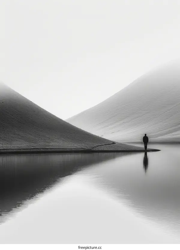 Man walking alone in a foggy desert with mountains in the background