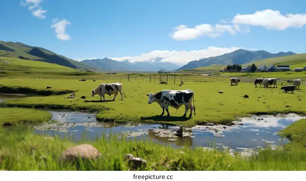 Cows grazing in a lush green field near a river on a sunny day with mountains in the distance