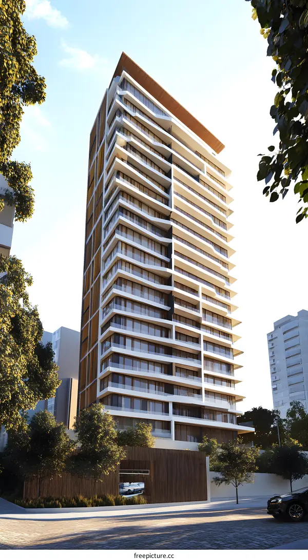 Modern Building Exterior with Wooden Facade and Balconies