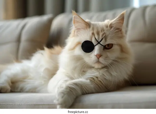 A ginger cat wearing an eye patch
