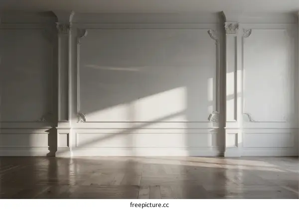 Empty room with white walls and wooden floor showing light shadows