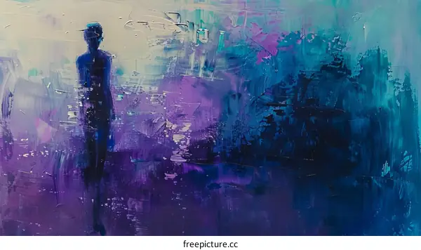 Blue and Purple Abstract Oil Painting with Dark Figure