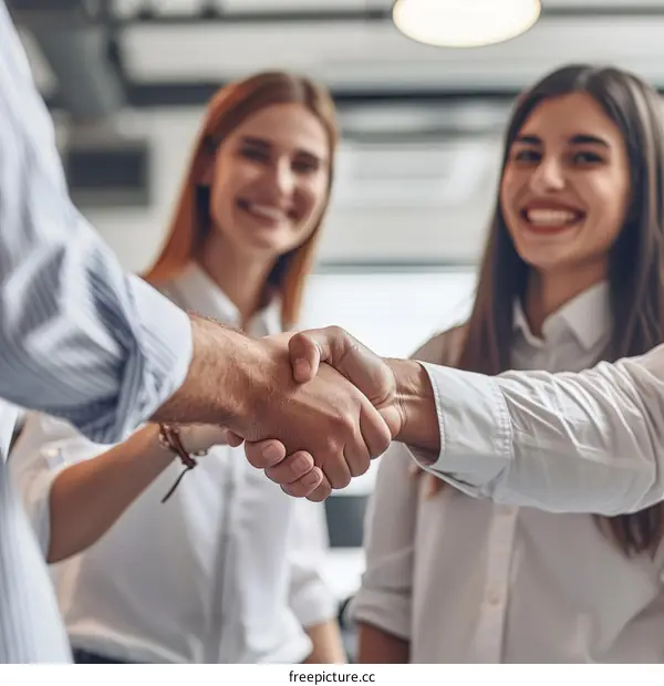 Business handshake between a man and a woman in a formal setting
