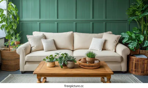Cream Sofa and Coffee Table in a Green Room with Plants
