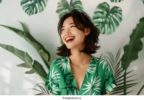Happy Asian Woman in Green Floral Dress Posing in Front of Tropical Leaves