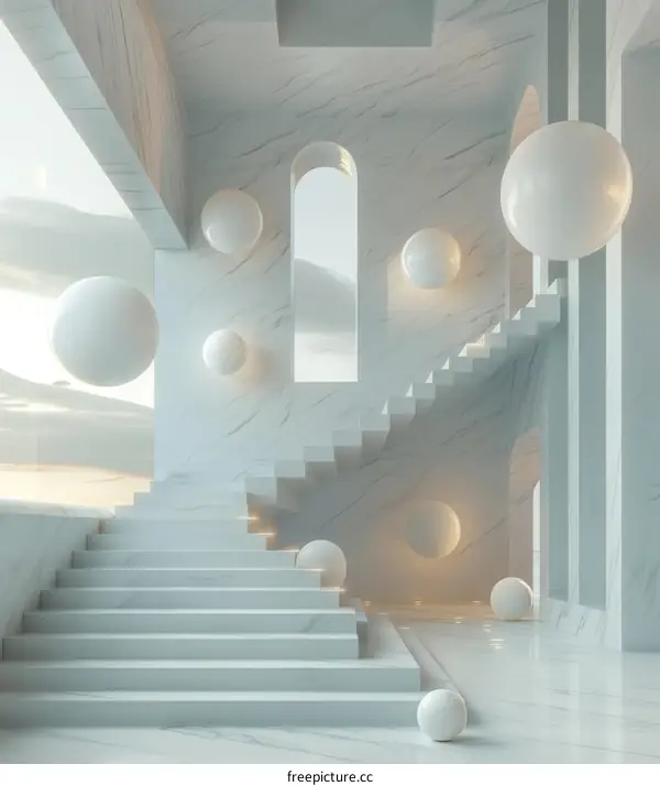 Modern White Minimalist Marble Staircase with Floating Spheres