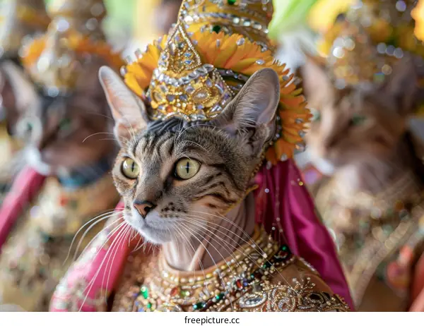 A cat wearing a traditional Thai headdress