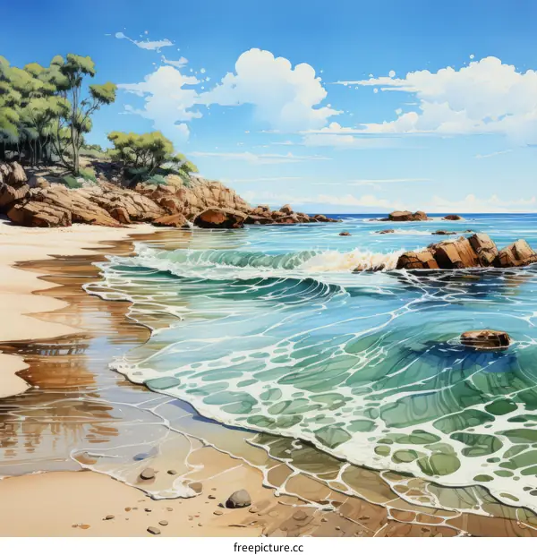 Idyllic Beach Scene with Clear Water and Rocks