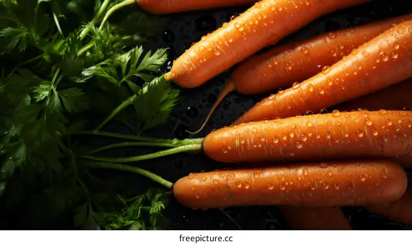 Fresh carrots with green leaves on a black background