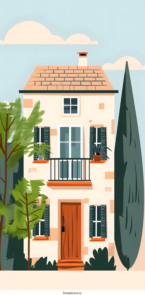 Illustration of a House With a Red Door and Green Trees