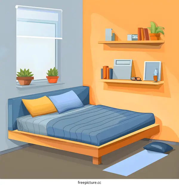 Cartoon Illustration of a Bedroom Interior with a Bed, Shelves, and a Window