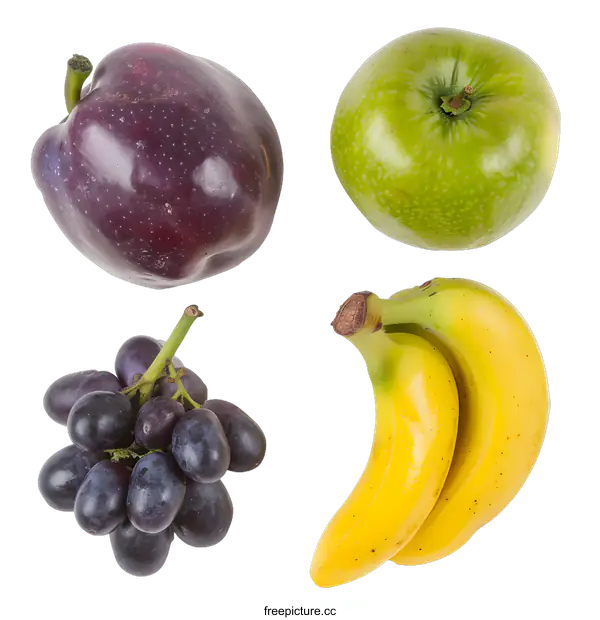[Transparent Background PNG]Fresh Fruit Still Life with Apple, Grapes, Banana and Plum