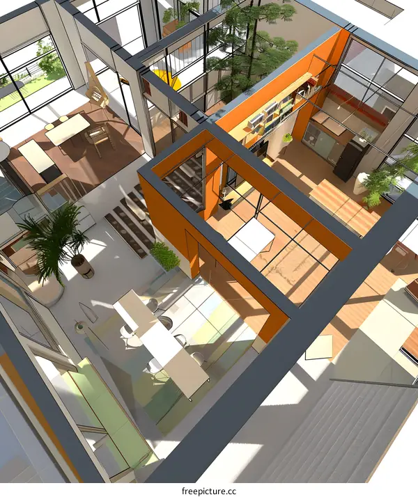 Modern House Interior Design with Glass Walls and Orange Accents