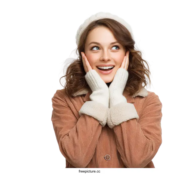 [Transparent Background PNG]Happy young woman in winter coat and hat with surprised expression