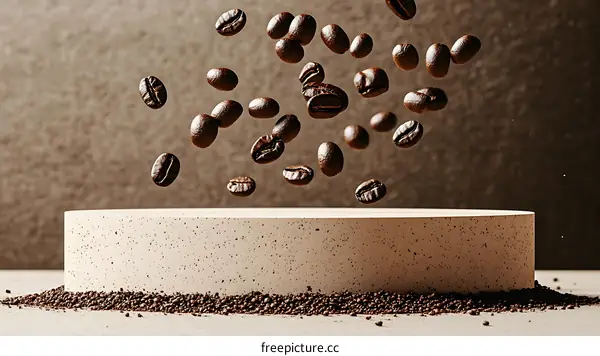 Coffee Beans Falling on a Beige Display Stand