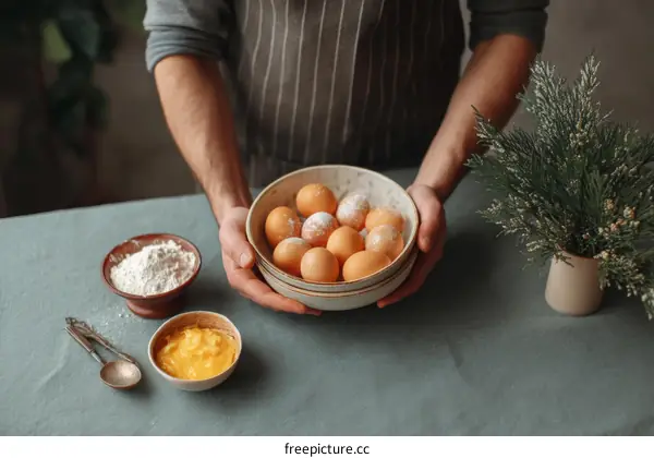 Baker Holding Eggs and Ingredients for Baking