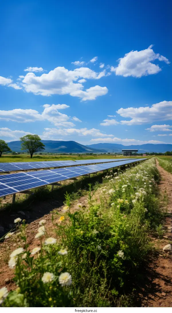 Wildflowers Bloom Near a Large Solar Farm
