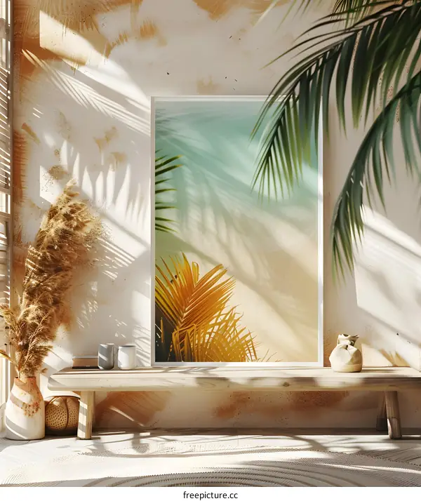 Beach Palm Tree Framed Poster on Wooden Shelf