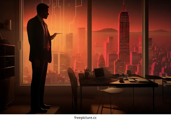 Businessman Working in Modern Office with City View