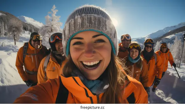 Group of friends skiing in the mountains