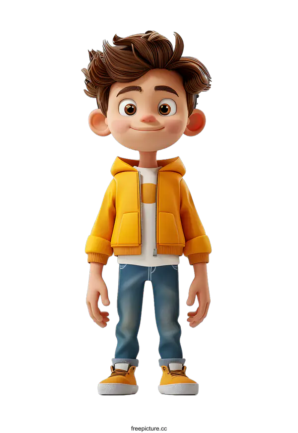 [Transparent Background PNG]3D Render of a Boy with Brown Hair and a Yellow Jacket