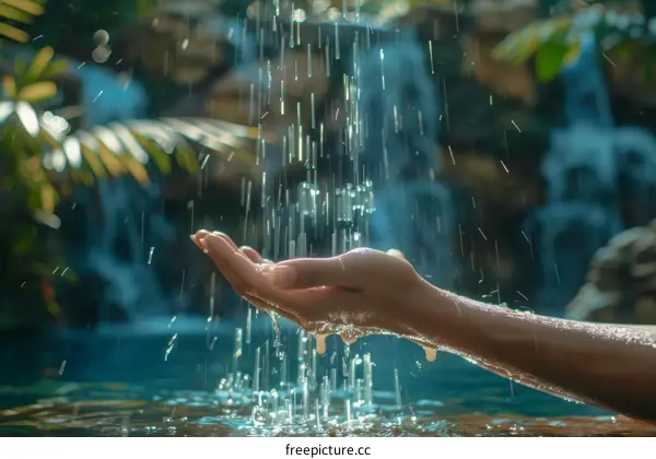 A person's hand is holding a handful of water from a waterfall