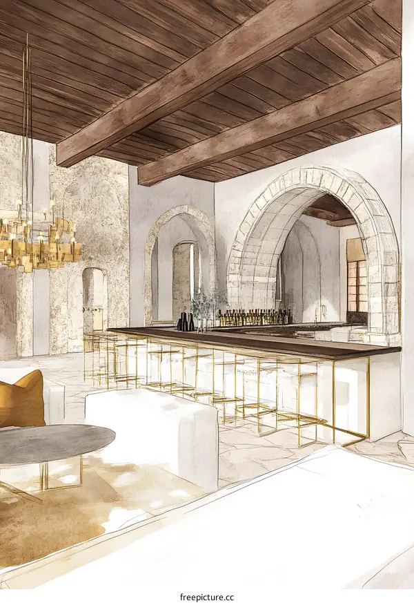 Modern Bar Interior Design with Arched Windows
