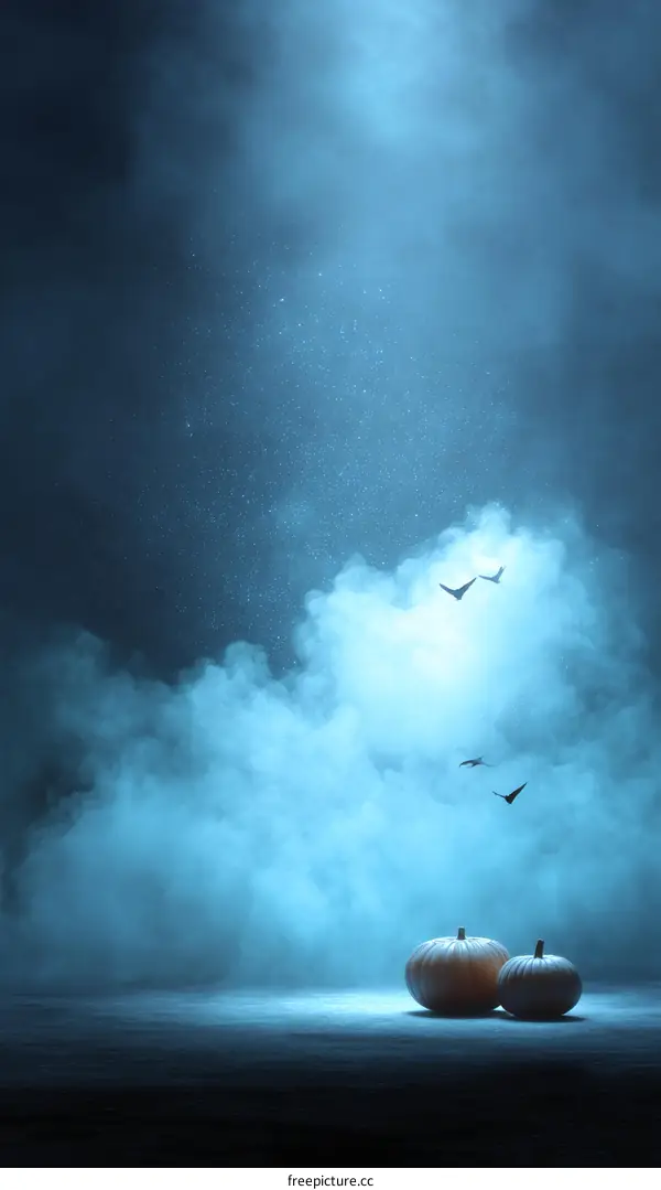 Halloween pumpkins in a mystical blue fog