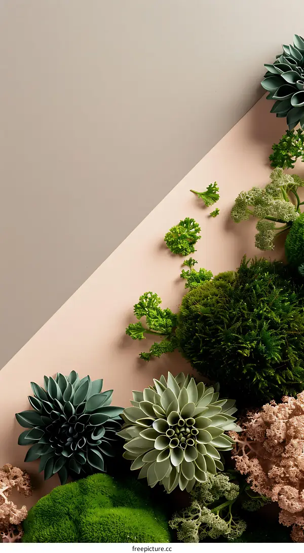 Green and Beige Floral Arrangement with Moss and Leaves on a Diagonal Background