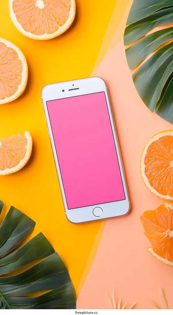 Flat Lay Smartphone with Palm Leaf and Orange Slices