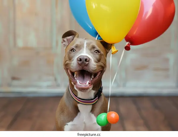 Happy Brown and White Pit Bull Terrier Holding Three Balloons