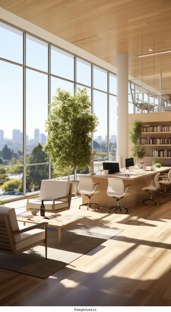 An office space with a large windows and a view of the city
