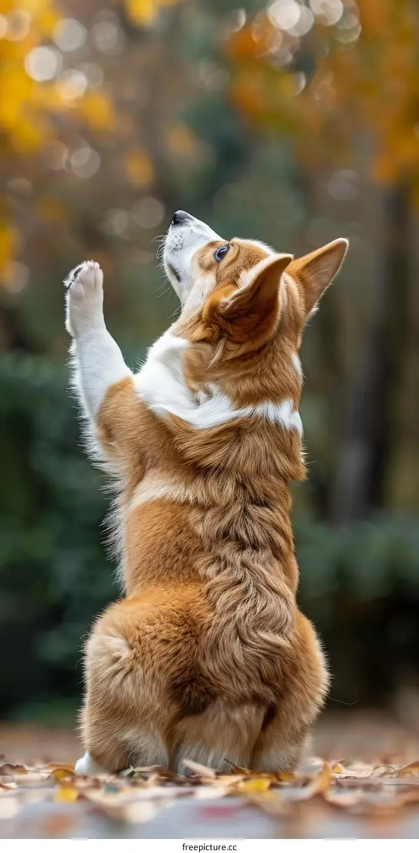 A cute corgi standing on its hind legs and begging for food