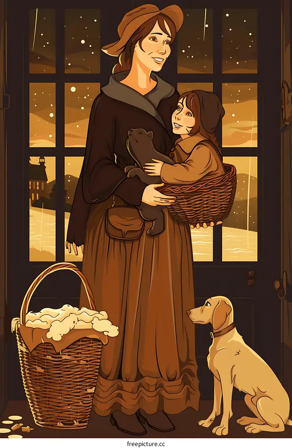 Mother and Child with Dog and Baskets in Snowy Scene Illustration