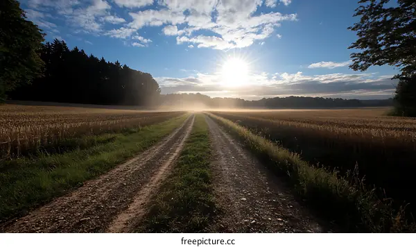 Sunrise Country Road Through Golden Wheat Fields