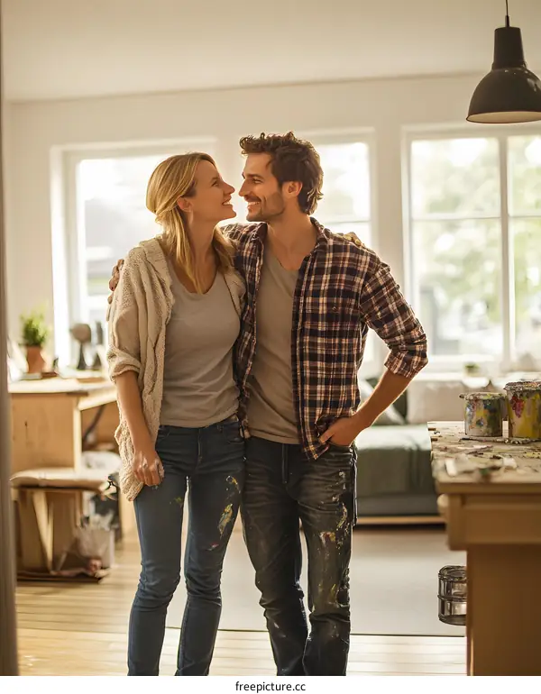 Couple in love during home renovation