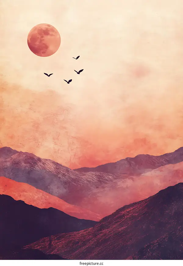 Silhouettes of Birds Flying Over Mountains