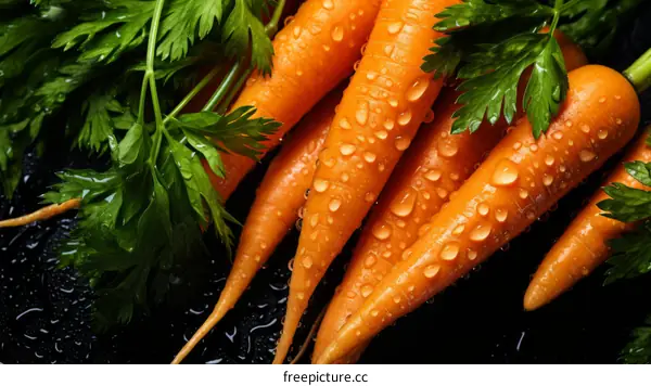 Fresh carrots with green leaves covered with dew drops on black background