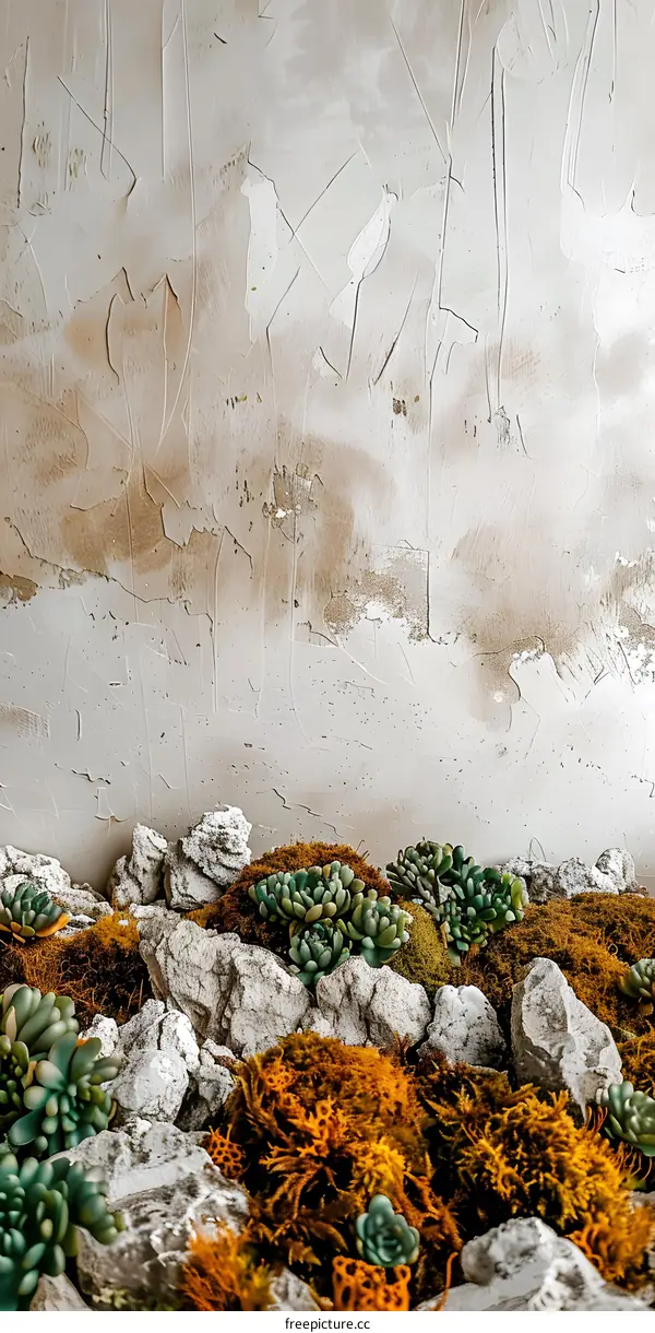 White Wall Background with Green Succulents and Rocks