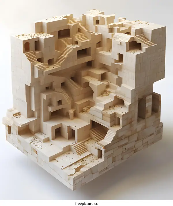 A 3D rendering of a complex structure with stairs and platforms made of stone.