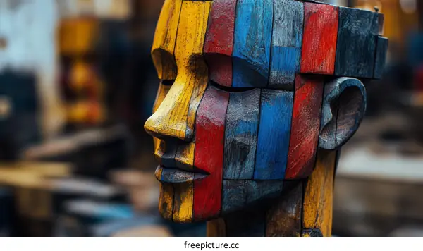 Colorful Wooden Abstract Face Sculpture