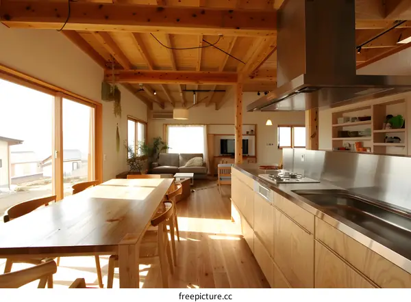 Modern Kitchen With Wooden Beams And Natural Light