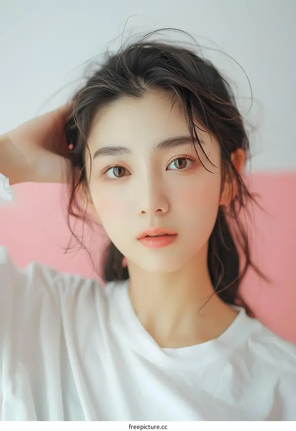 Close Up Portrait of a Young Asian Woman With Long Black Hair Looking Directly At the Camera