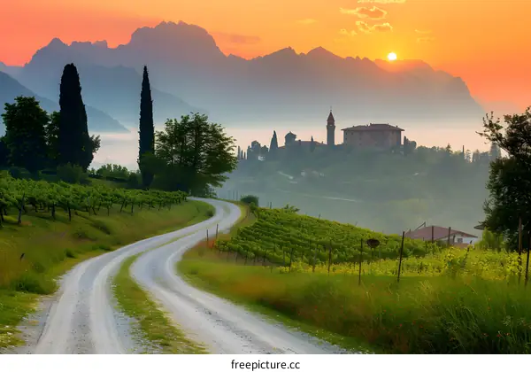 Sunrise Over Vineyards and a Castle in the Italian Alps