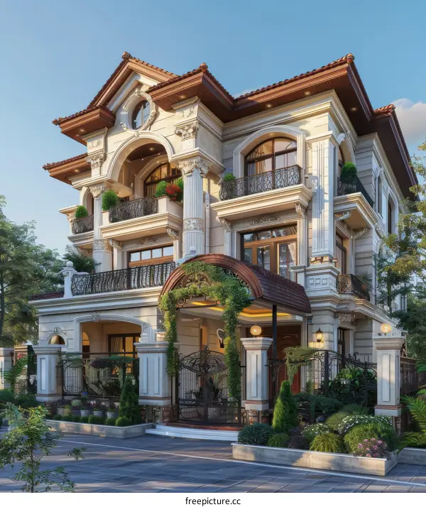 European-style three-story villa with beautiful exterior decoration