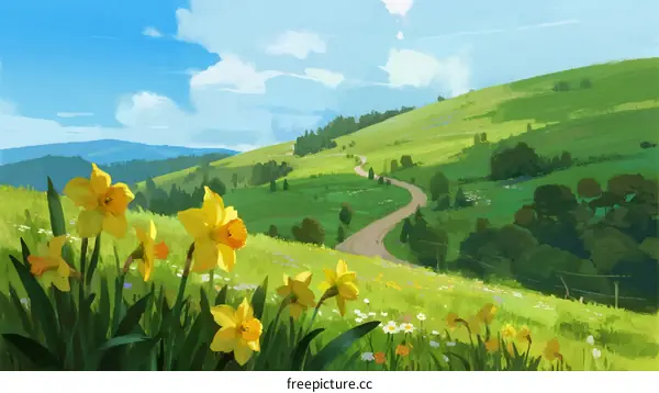 Beautiful Spring Landscape with Green Hills and Yellow Daffodils