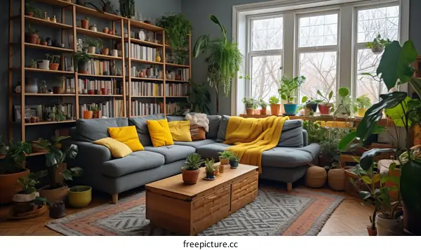 Spacious Living Room with Bookshelf, Sofa, and Greenery